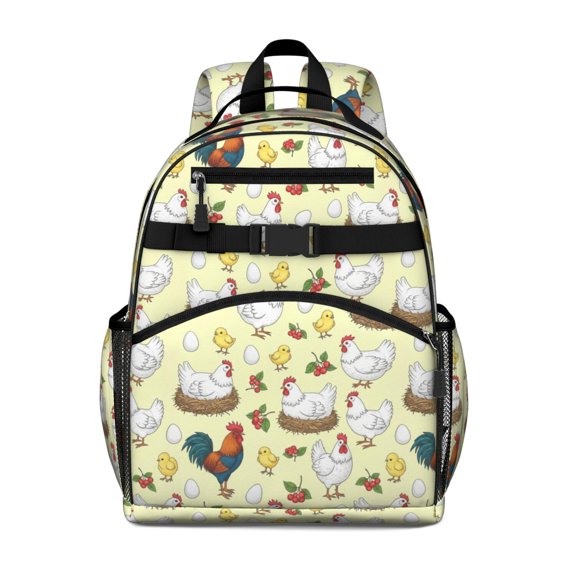 Rooster and Nest Yellow Pattern Cute School Backpack Bag for School with Padded Back and Adjustable Shoulder Straps 15.25"x11.5"x5.25"