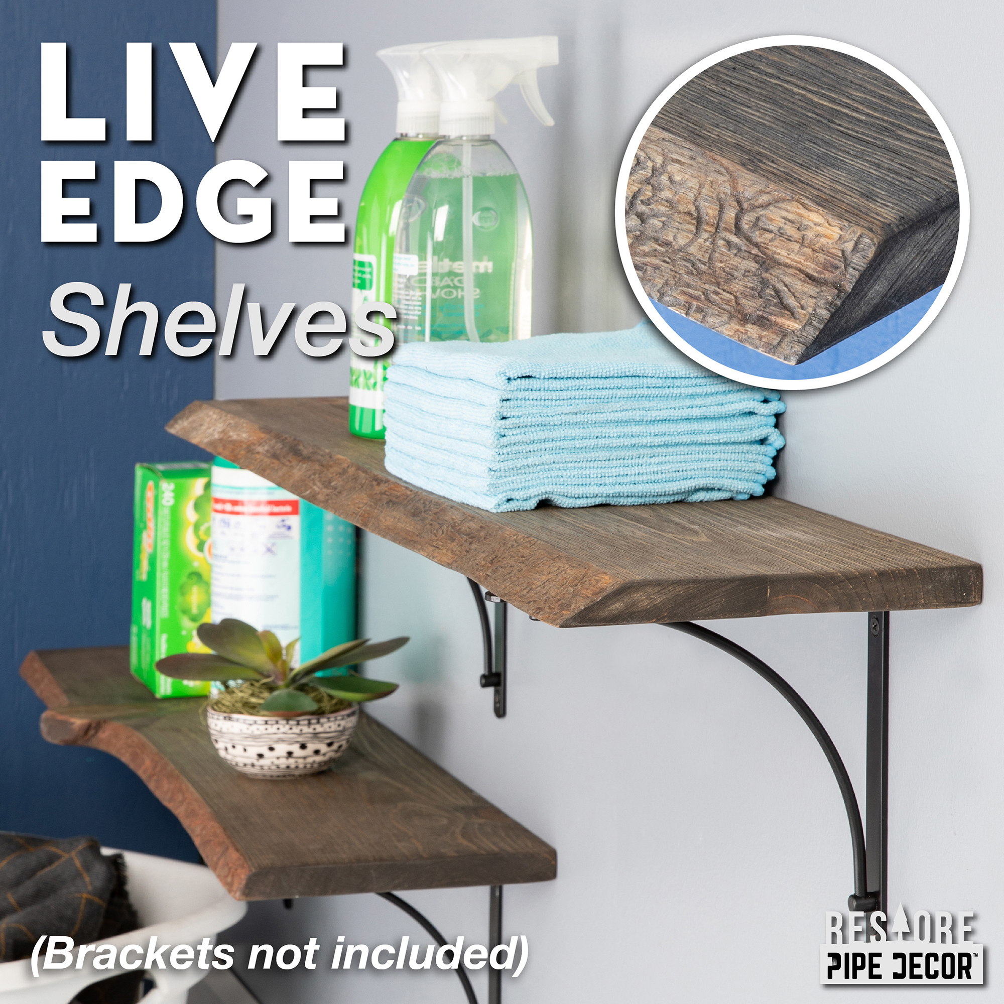 PIPE DECOR 36 in. Live Edge Wood Shelf Boulder Black 2 Pack (Wood Only)