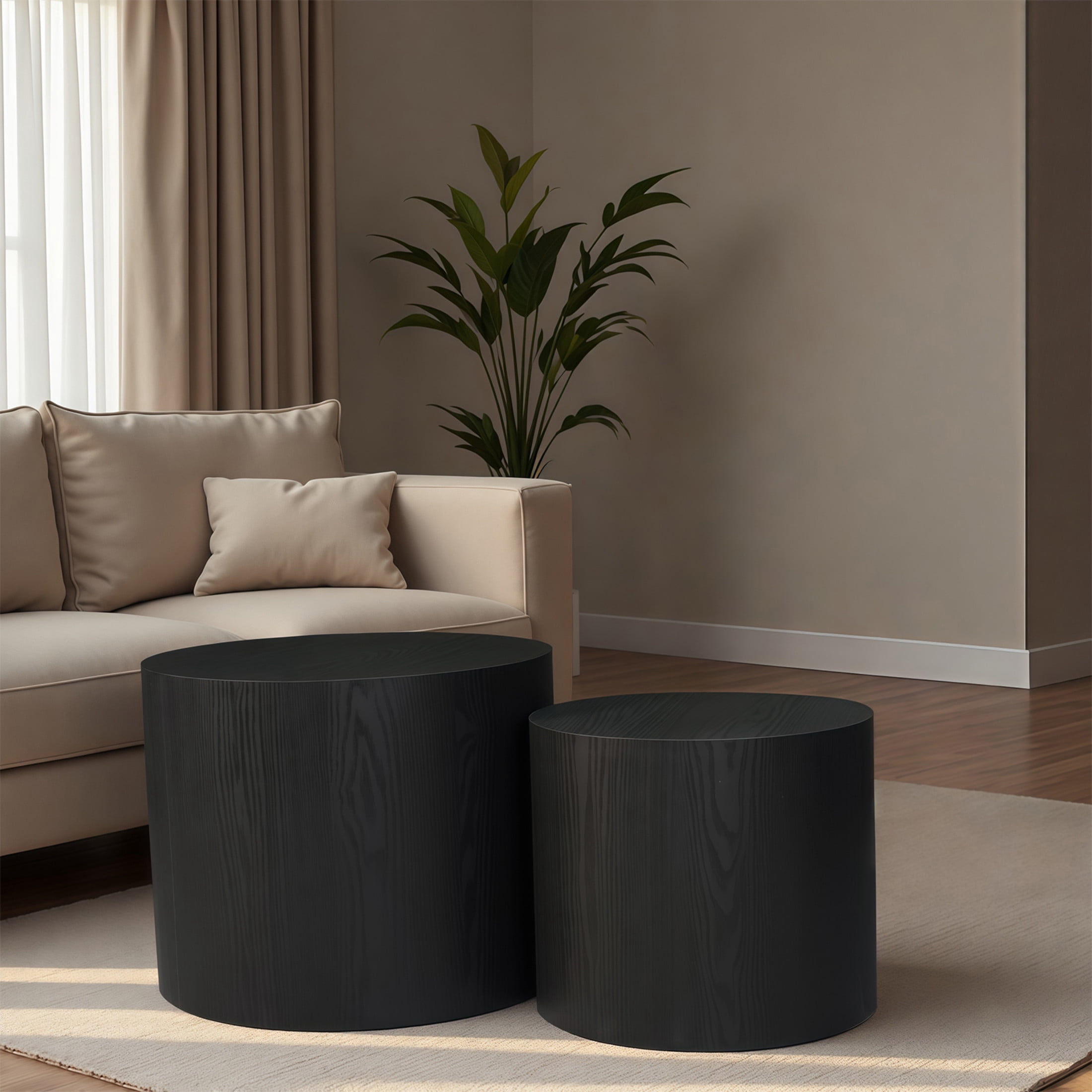 Noble House Nesting Coffee Table, Modern Round Wood Side Table, for Living Room, Balcony, Matte Black, Set of 2