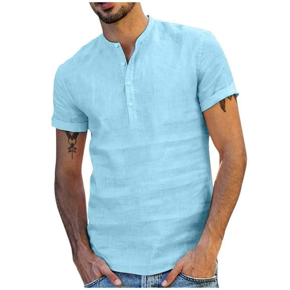 WREESH Men's Summer Henley Shirt Loose Cotton and Linen Solid Short Sleeve V-Neck T-Shirts Tops Shirt Light blue