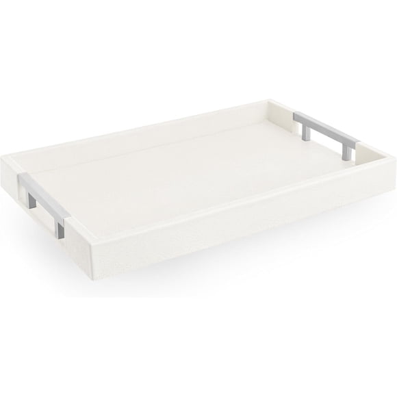 Modern Elegant 17.5"x12" White Rectangle Shagreen Faux Leather Decorative Tray Ottoman Coffee Table Perfume Living Room Kitchen Serving Tray with Silver Metal Handles for All Occasion's