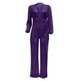 thumbnail image 4 of RYRJJ Women's Sexy Sparkly Jumpsuits Party Clubwear Sequins Rompers One-Piece Deep V Neck Long Sleeve Wide Leg Pants with Belt(Purple,S), 4 of 5