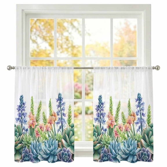 Spring Sheer Curtains 54 inches Long, Retro Watercolor Plant Light Filtering Sheer Window Curtains Rod Pocket Voile Drapes for Bedroom Living Room, 2 Panels