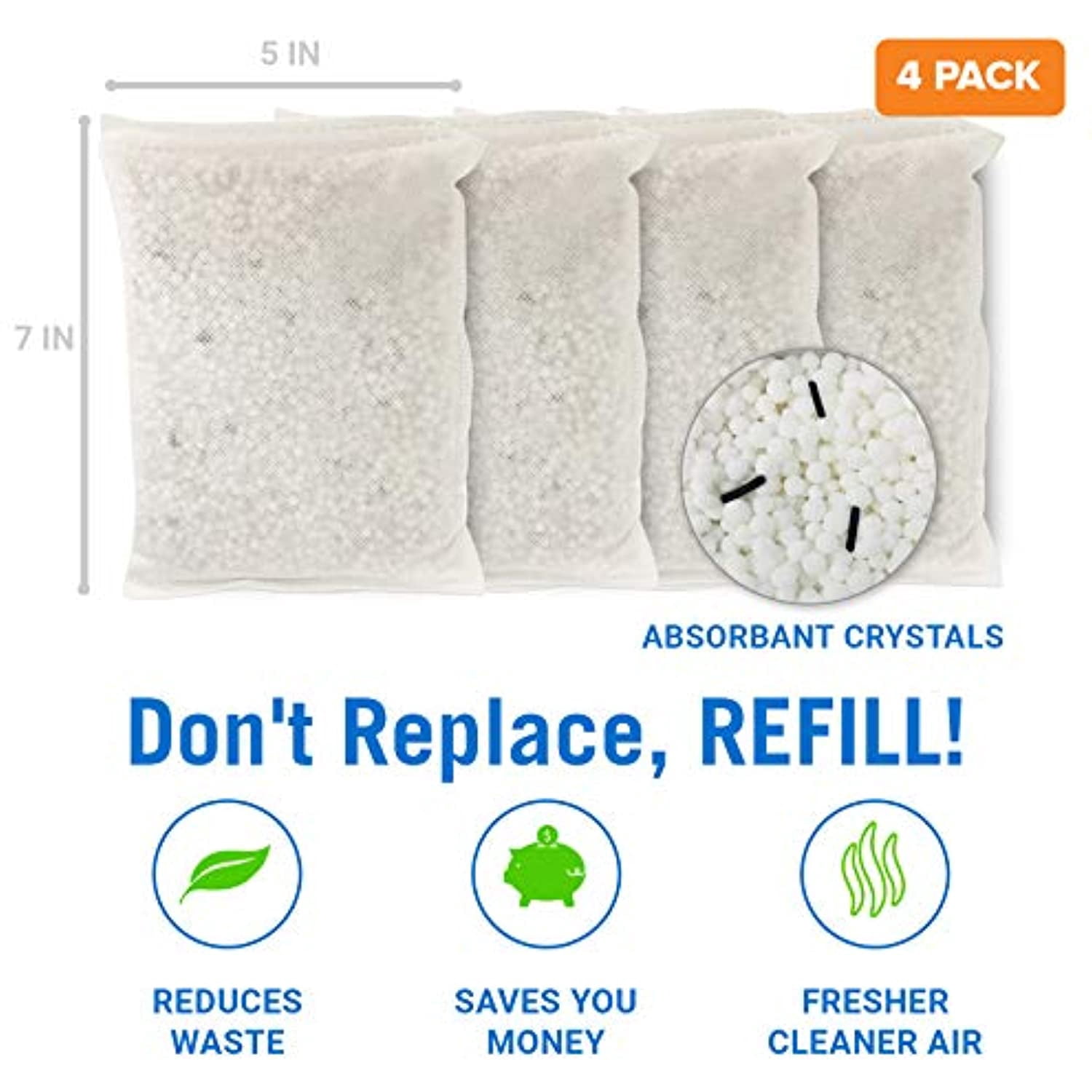 4 Pack Moisture Absorbers Dehumidifier Refill Bag to Get Rid of Odors & Damp Air Pellet Packs for use in Refillable Bucket for Basement Closet Home RV and Boating Refills Unscented Fragrance Free