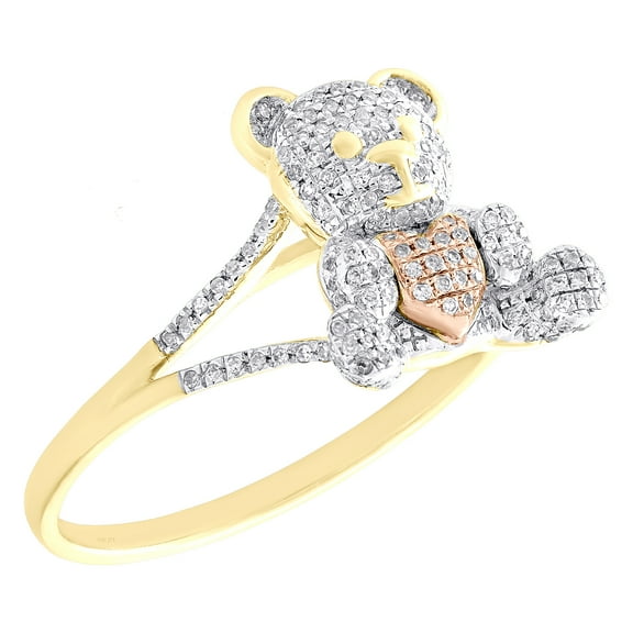10K Tri-Color Gold Natural Diamond Women's Teddy Bear Holding Heart Ring 0.22 CT