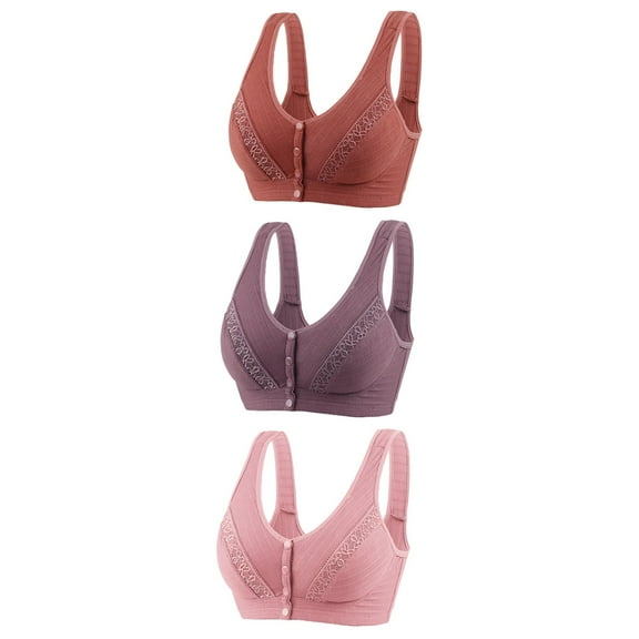 Bigersell Bras for Women Full-Coverage 3pc Front Snap Closure V-Neck Wire-Free Bra Support Women Bras Training Bra Style R-133 Basic Bra Strap Nylon No Underwire Bra Everyday Bras Underwear Pink L