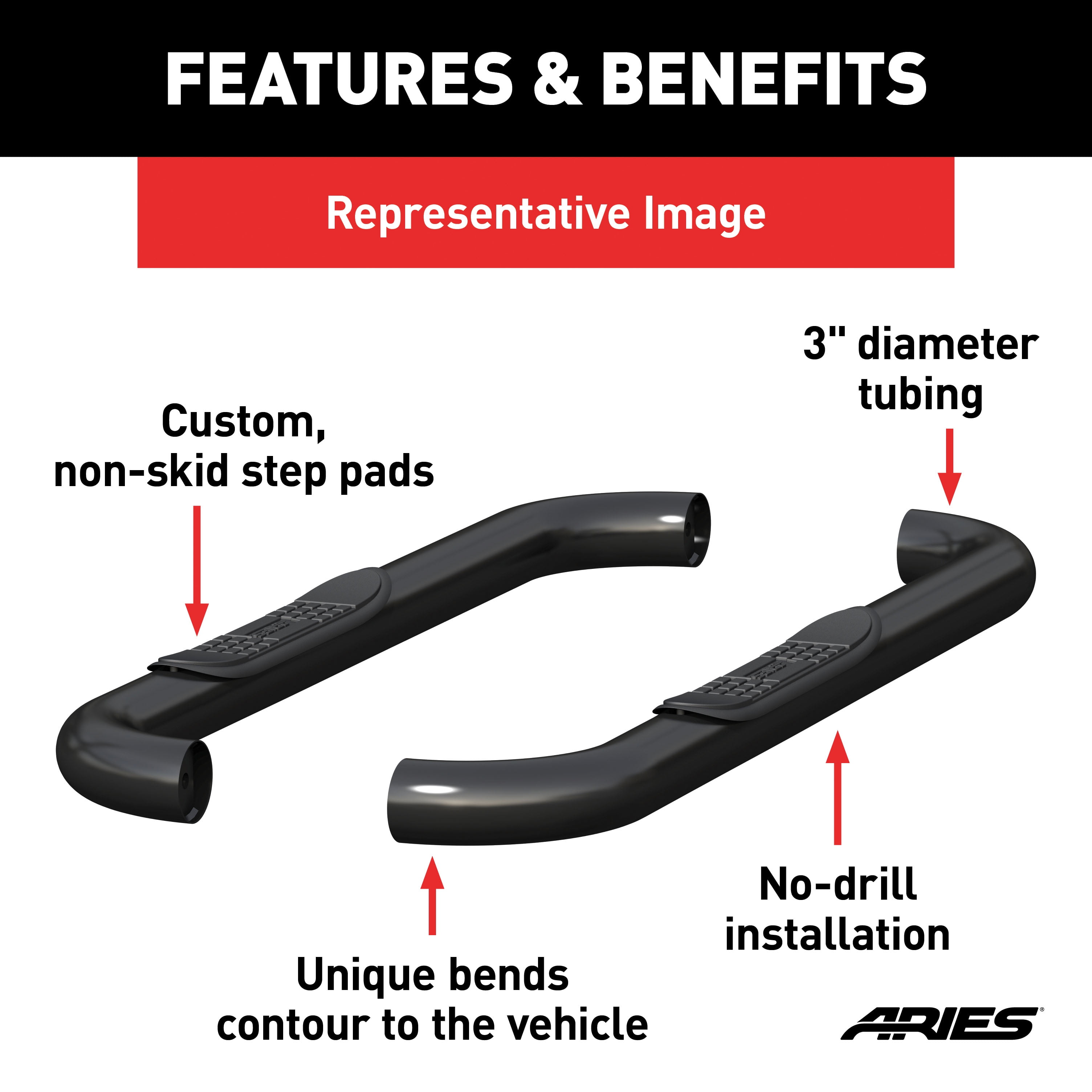 ARIES 3" Round Black Steel Side Bars, Select Silverado, Sierra 1500, 2500, 3500 Step Nerf Bar Kit
