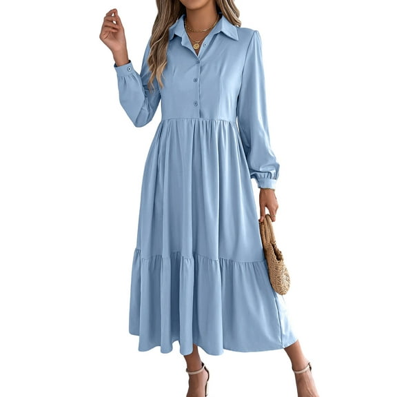 Womens Casual 3/4 Sleeve Shirt Dress Button Down V Neck Tiered Collared Flowy Maxi Dress Light Blue S