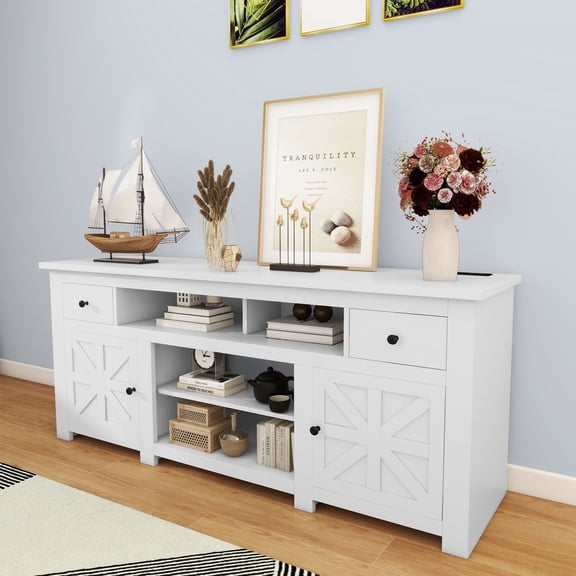 Uforic Media Console with Built-in Power Socket, TV Cabinet for Screens up to 80'' with 2 Shelves