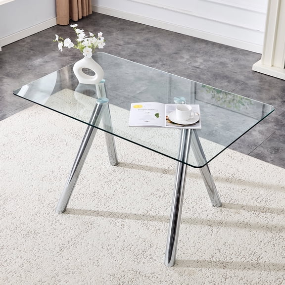 Oufan 51" Dining Table, Modern Rectangular Kitchen Table with Tempered Glass & 4 Sturdy Metal Legs, Kitchen Table for Dining Room