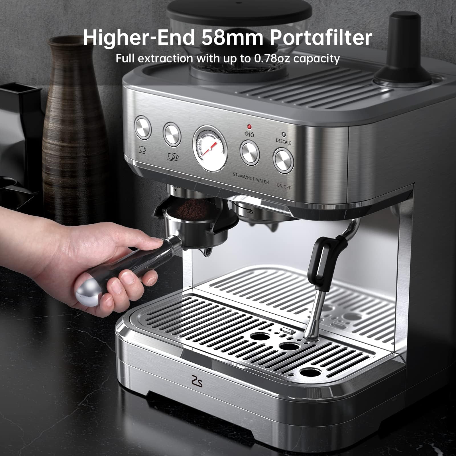 Soonbuy 15 Bar Semi-Automatic Espresso Machine with Built-in Grinder, Milk Frother & Steam Wand, Italian Pump, 2.5l Water Tank, Stainless Steel Coffee Maker