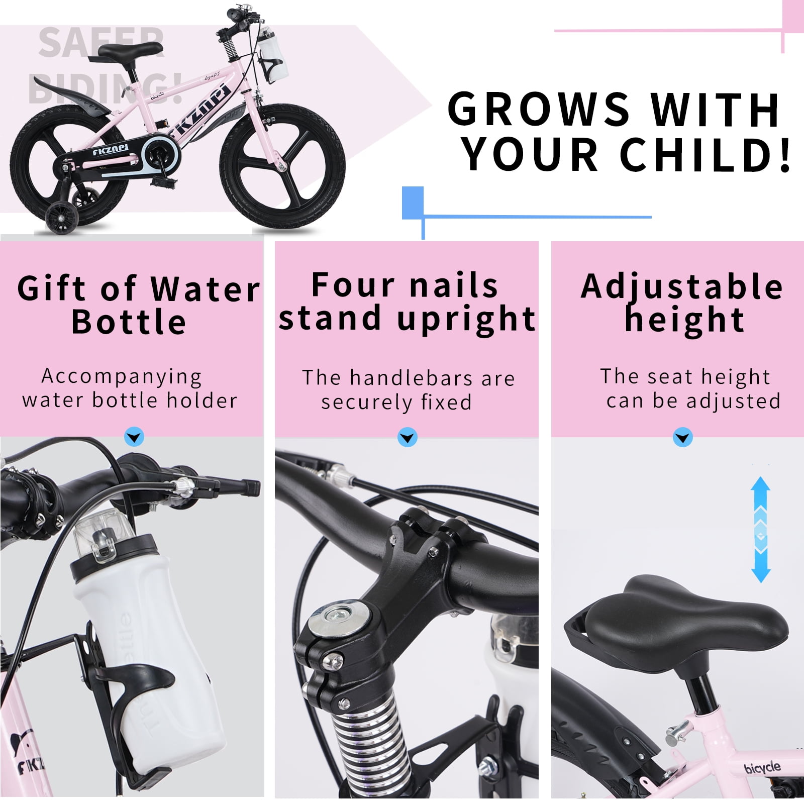 imerelez Bicycle 16 Inch Pink, Beginner Bike with Night Glow Training Wheels & Adjustable Seat, for Ages 4-7, Ideal Birthday Gift
