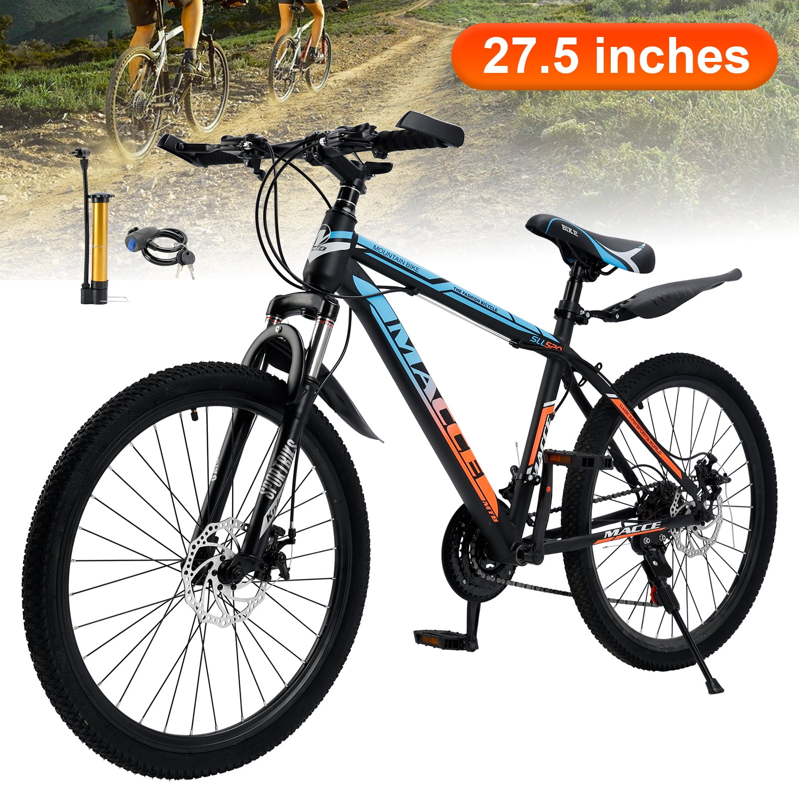 27.5" Spoke Wheel 24 Speed Mountain Bicycle Adult Bike MTB w/ fender Blue & Orange