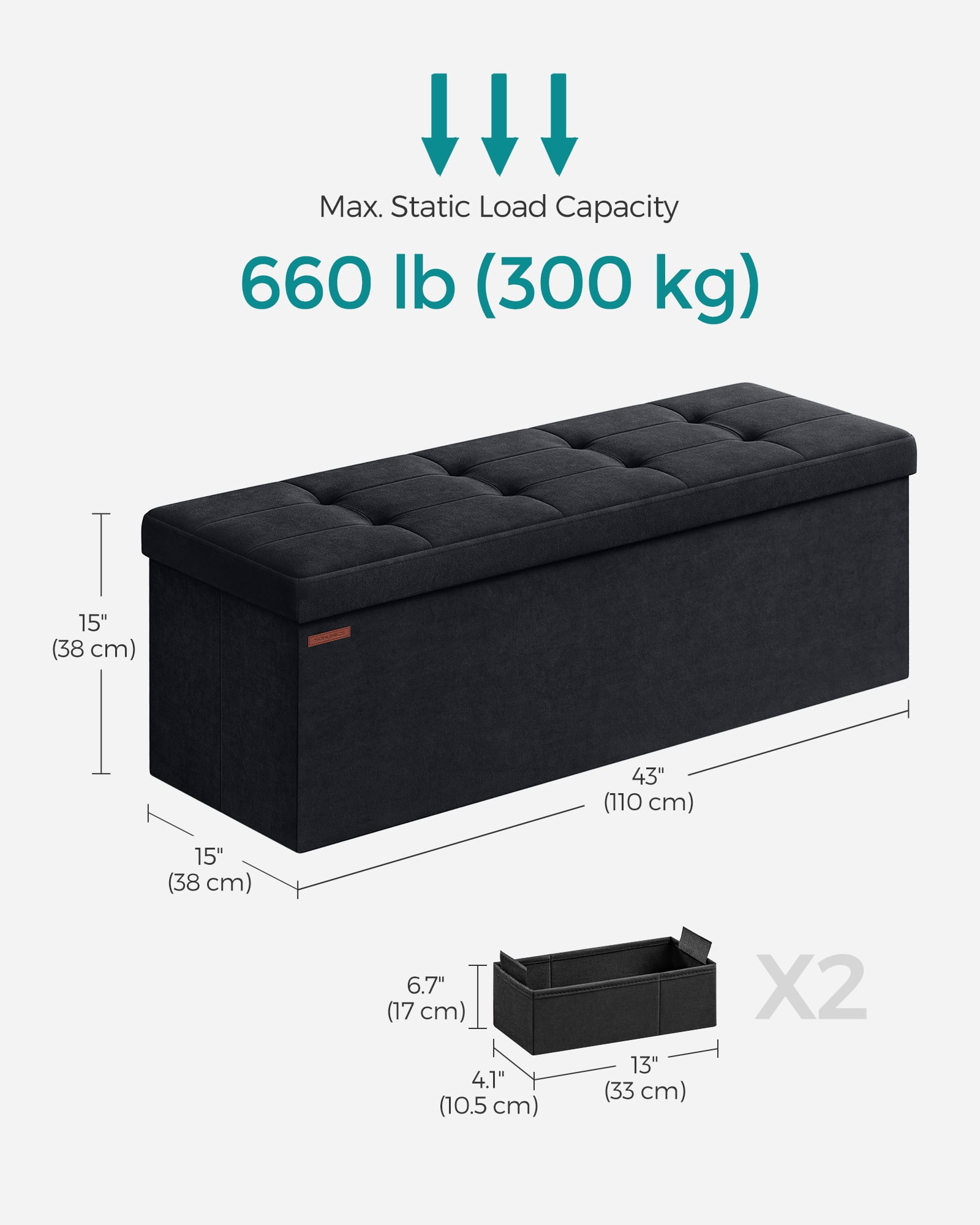 SONGMICS 43" Storage Ottoman Bench Folding Velvet Storage Footrest Stool 2 Extra Storage Boxes Removable Divider Hold up to 660 lb for Entryway Living Room Bedroom Ink Black