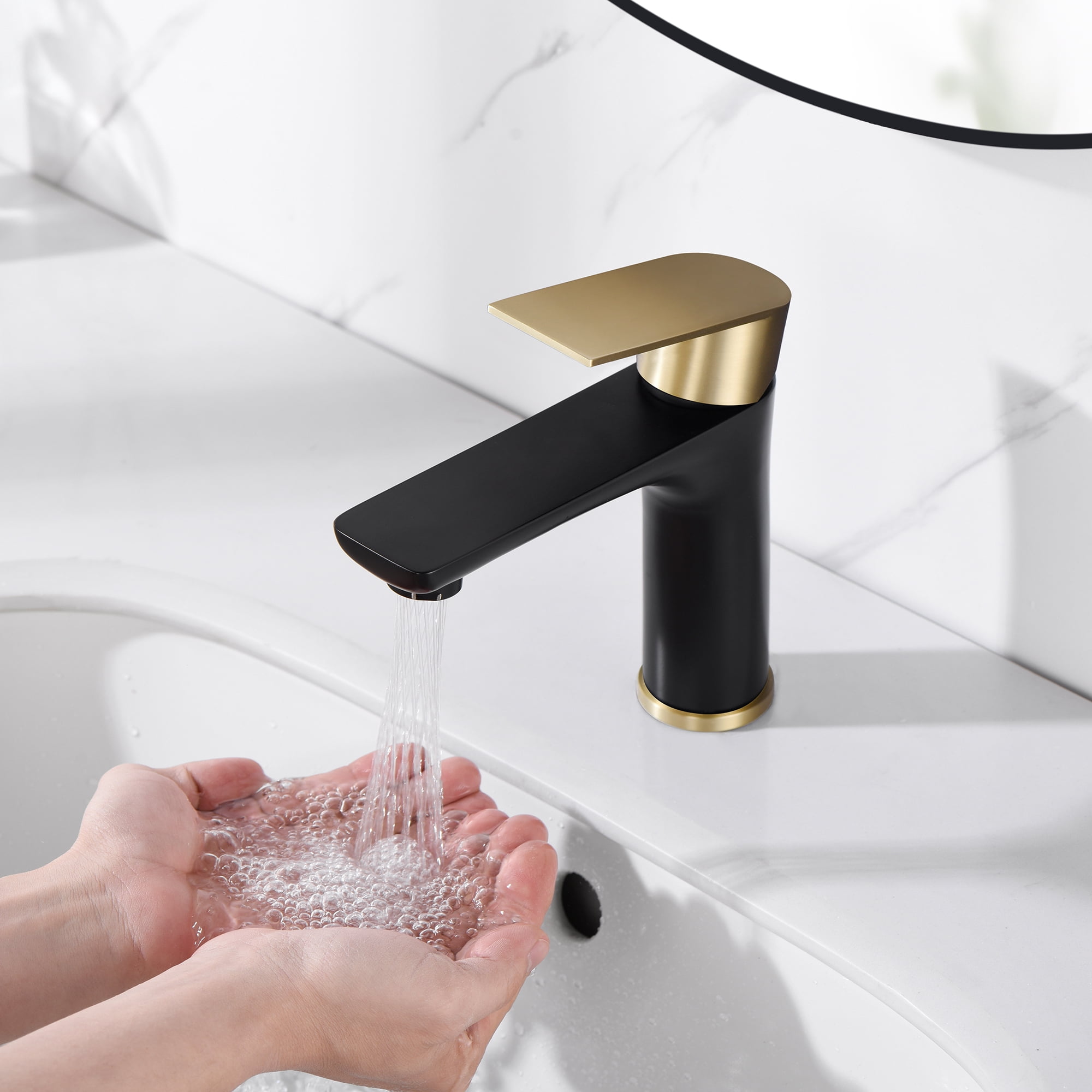 sumerain Bathroom Faucet Stainless Steel Bathroom Sink Faucet Single Hole Bathroom Faucet Single Handle Black and Gold Vanity Faucet with Water Supply Lines