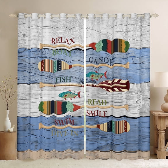 Homewish Farmhouse Lake House Black Out Curtains, Blue Grey Lodge Cabin Curtains Pack of 2 (42x63 Each), Cartoon Boat Paddle Bedroom Curtains, Curtains and Drapes Decor