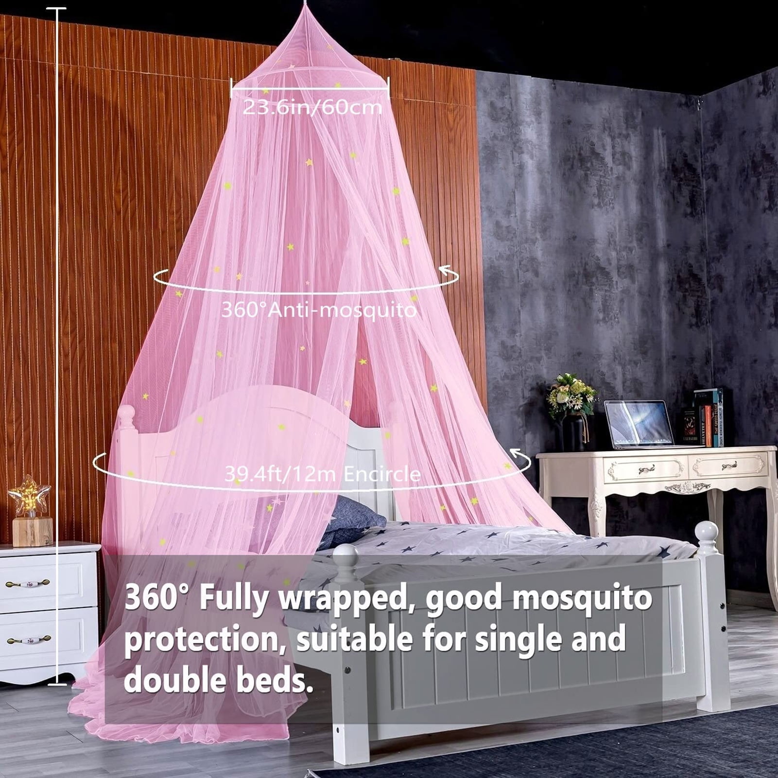 Frogued 1 Set Dome Bed Canopy Foldable Glow-in-the-dark Polyester Stars Princess Canopy Bed Room Decor Household Supplies (Pink,S)