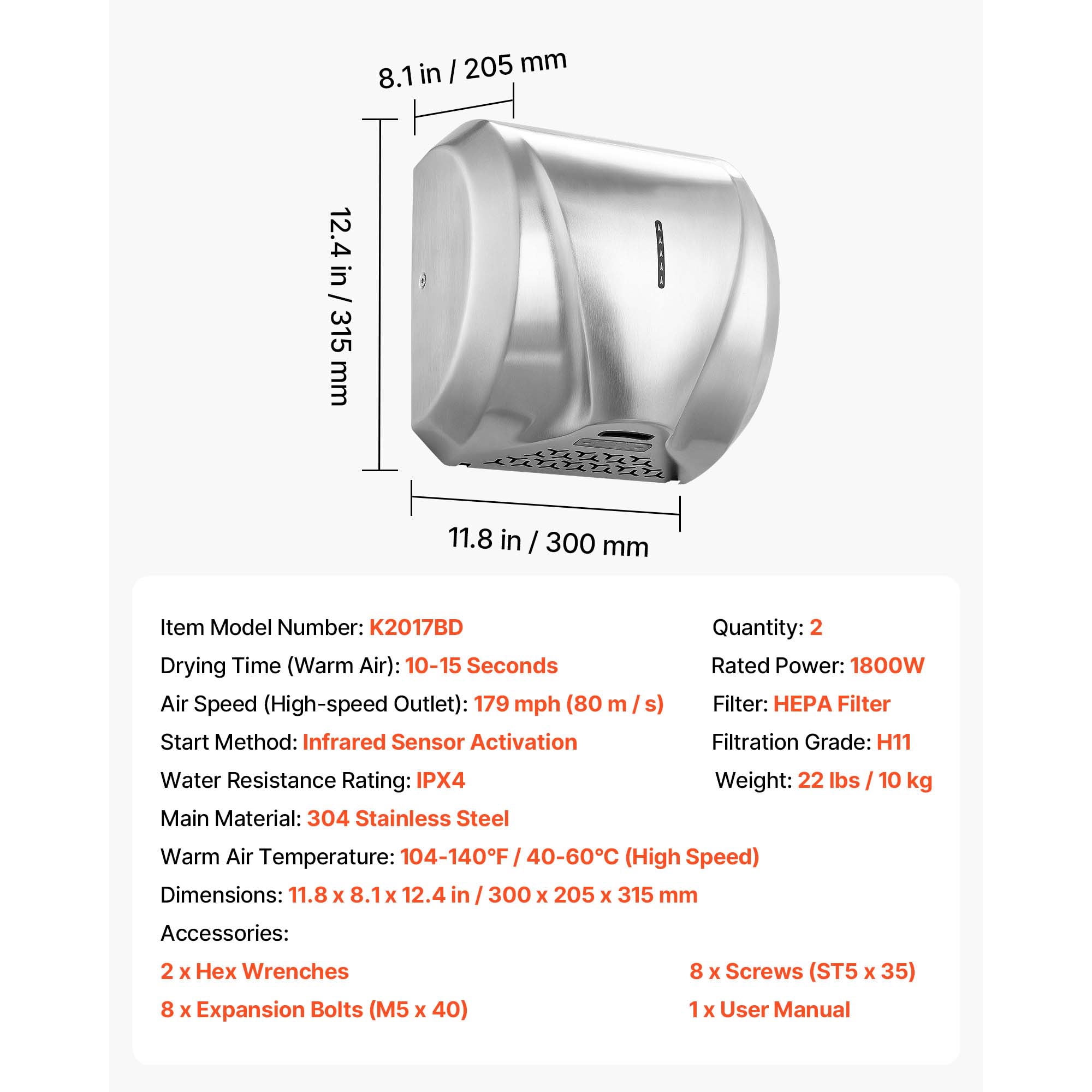 KFFKFF Hand Dryer, 2 Pack 1800W Automatic High-Speed Air Dryer with HEPA Filter, Quick Drying, Brushed Stainless Steel, AC110-120V Wall-Mounted for Bathrooms in Offices, Hotels, Homes, and Restrooms