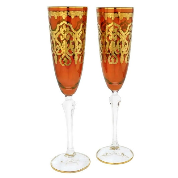 GlassOfVenice Set of Two Murano Glass Champagne Flutes 24K Gold Leaf - Red