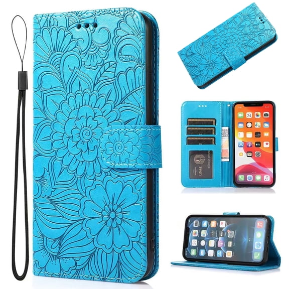 Compatible with iPhone 17 Wallet Case,Flower Floral Embossed Luxury PU Leather with Credit Card Holder Slots Magnetic Closure Shockproof Protective Flip Case with Wrist Strap,Blue