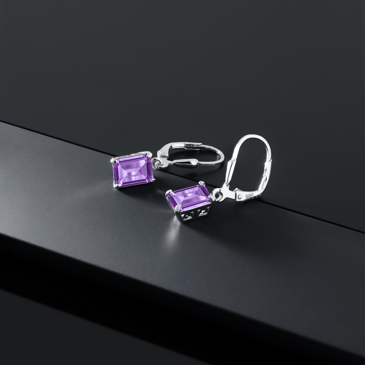 Gem Stone King 925 Sterling Silver Purple Amethyst Dangle Earrings for Women (3.00 Cttw, Gemstone February Birthstone, Emerald Cut 8X6MM)