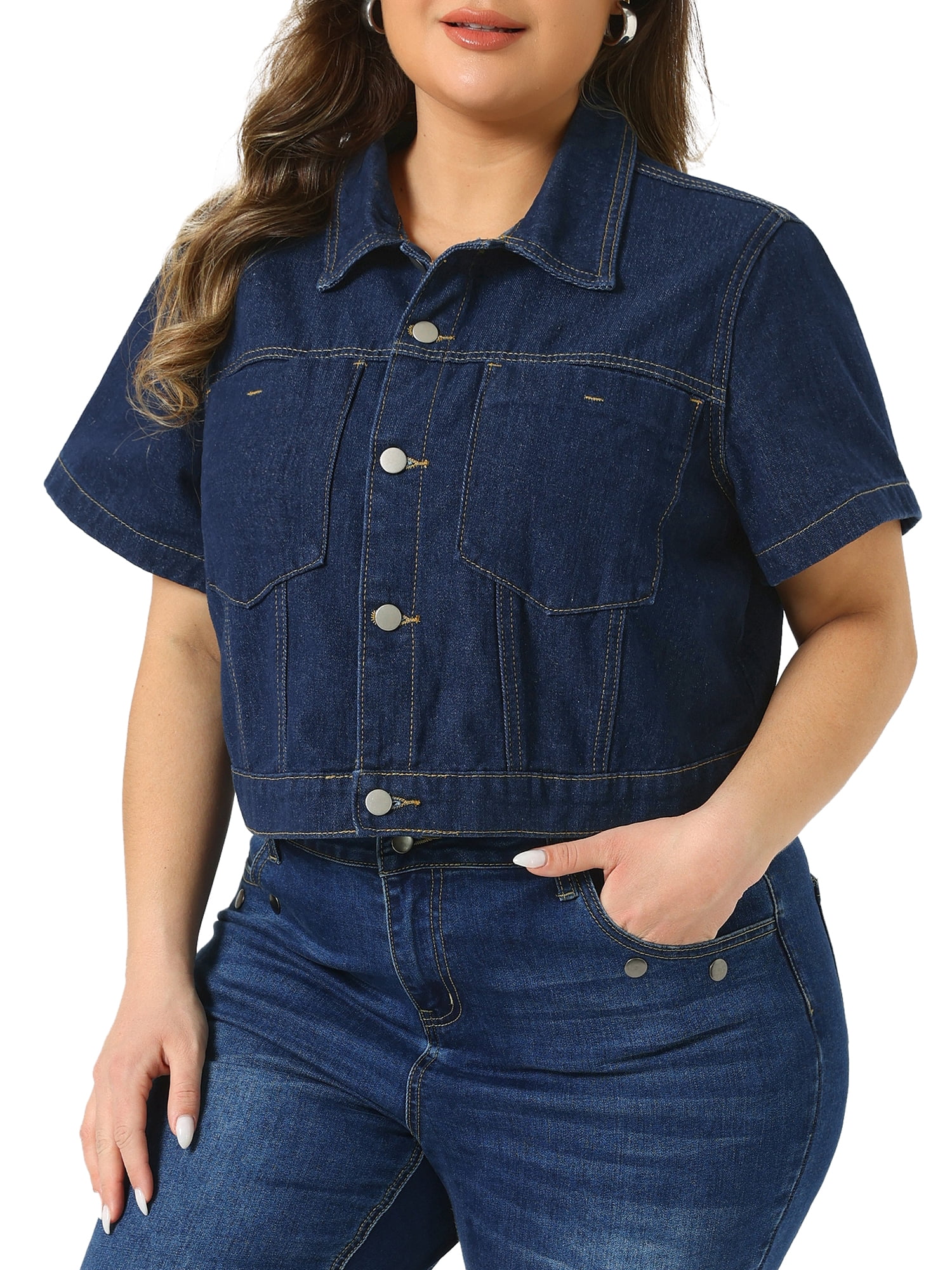 DARING DIVA Women's Plus Classic Washed Cropped Denim Jacket 4X Dark Blue