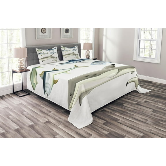 Ambesonne Fish Quilted Bedspread Set 3 Pcs, Collage of Aquatic Animal, King Size, Grey and Grey