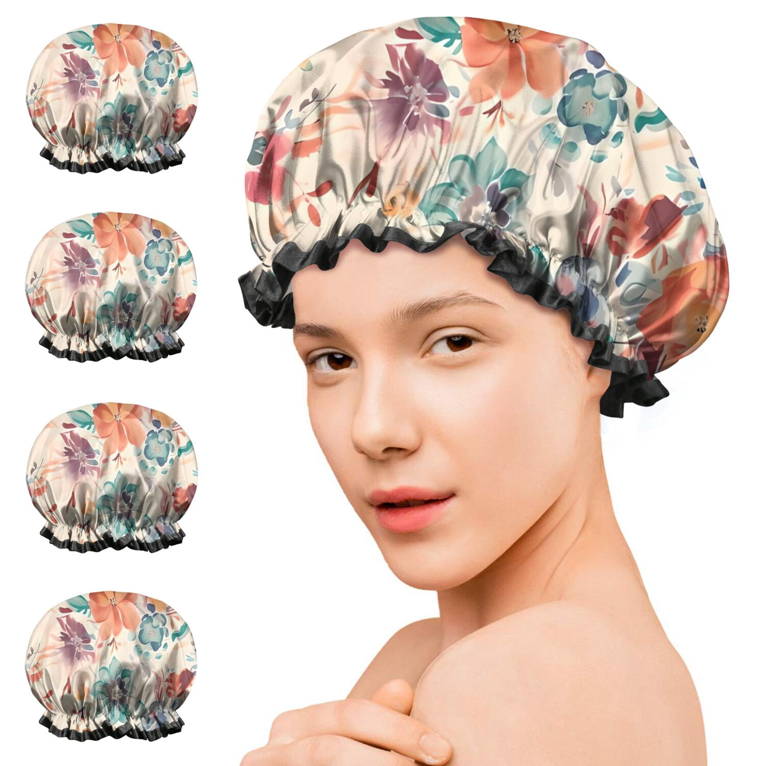 Shower Caps,Pioneer Flower Floral Print Pattern Waterproof Shower Cap for Women 4 Pieces,Double Reusable Hair Cover for Shower PEVA Elastic Stretch Hem