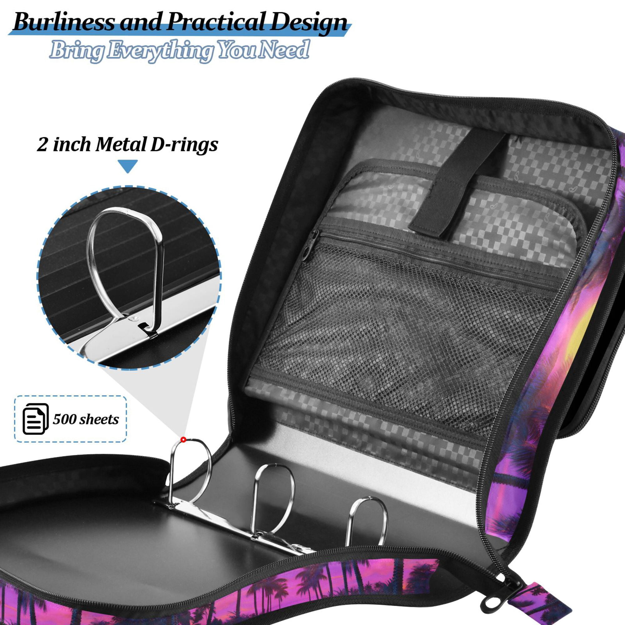 FORMRS Zipper Binder with Shoulder Strap 2-inch Ring 500 Sheet Capacity File Bag, Purple Neon Road