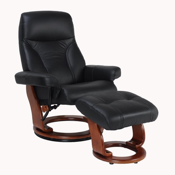 Pemberly Row Contemporary Black Leather Swivel Recliner with Matching Ottoman