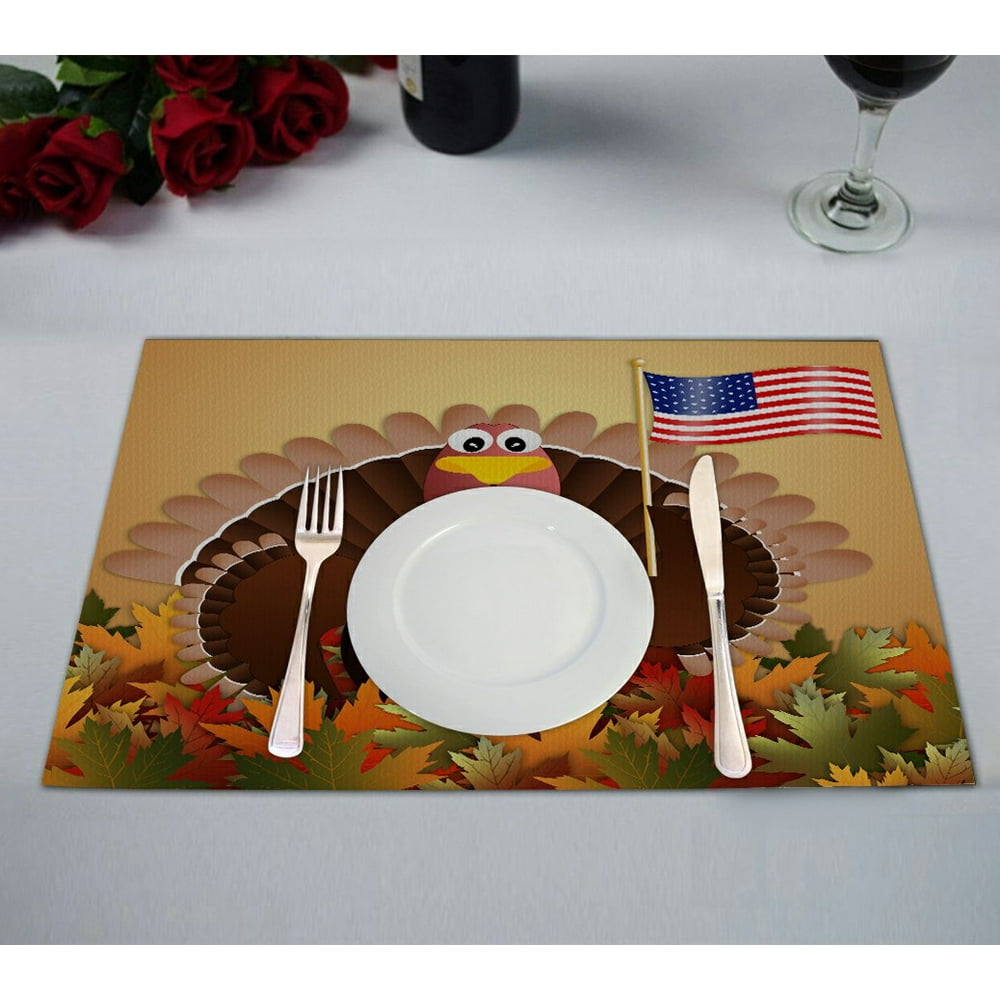 GCKG Autumn Leaves Placemat, Happy Thanksgiving Day Turkey Placemat 12x18 Inch,Set of 2