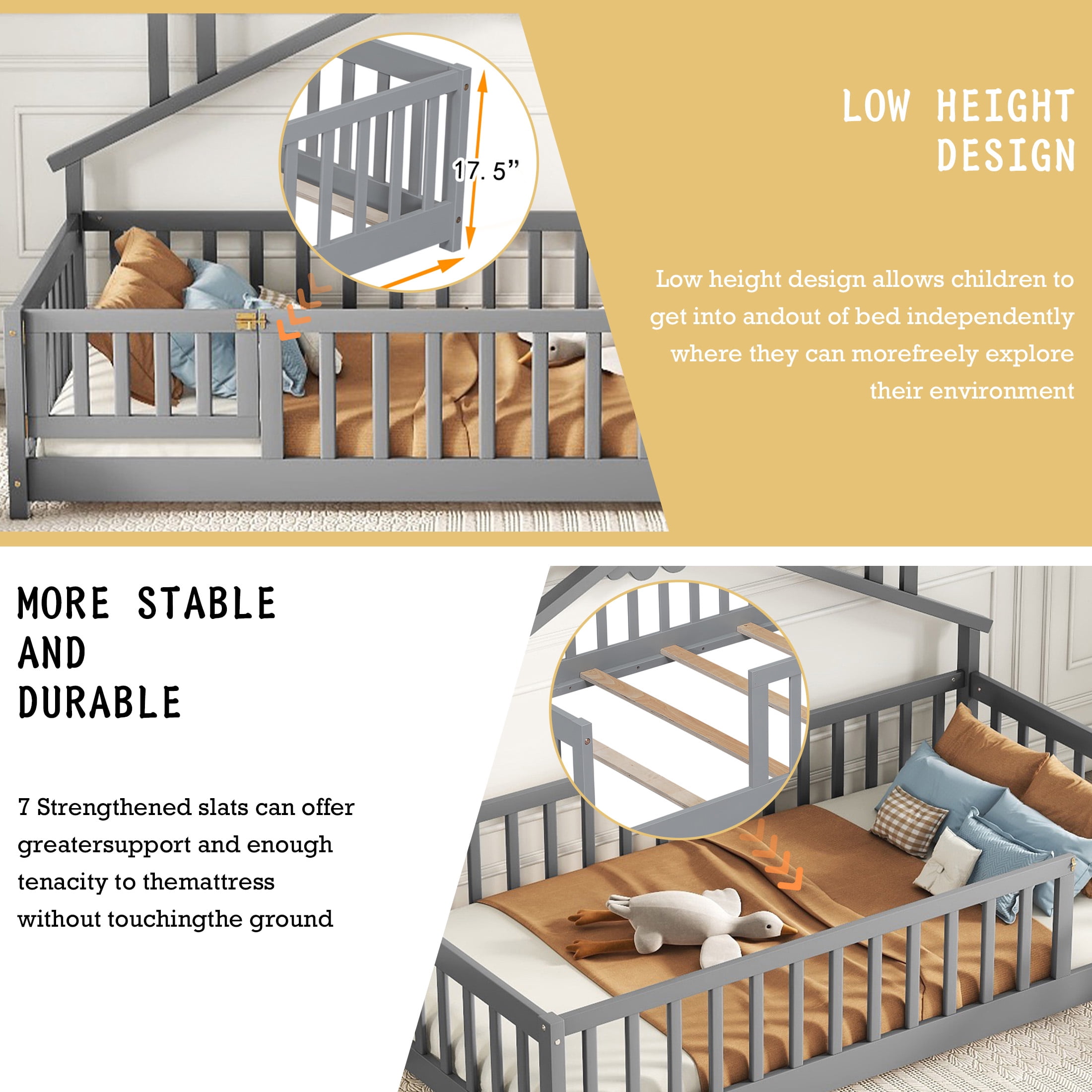 Aukfa Twin Bed Frame, House-Shaped Bedside Floor Bed with Full Length Guardrail Door, Gary