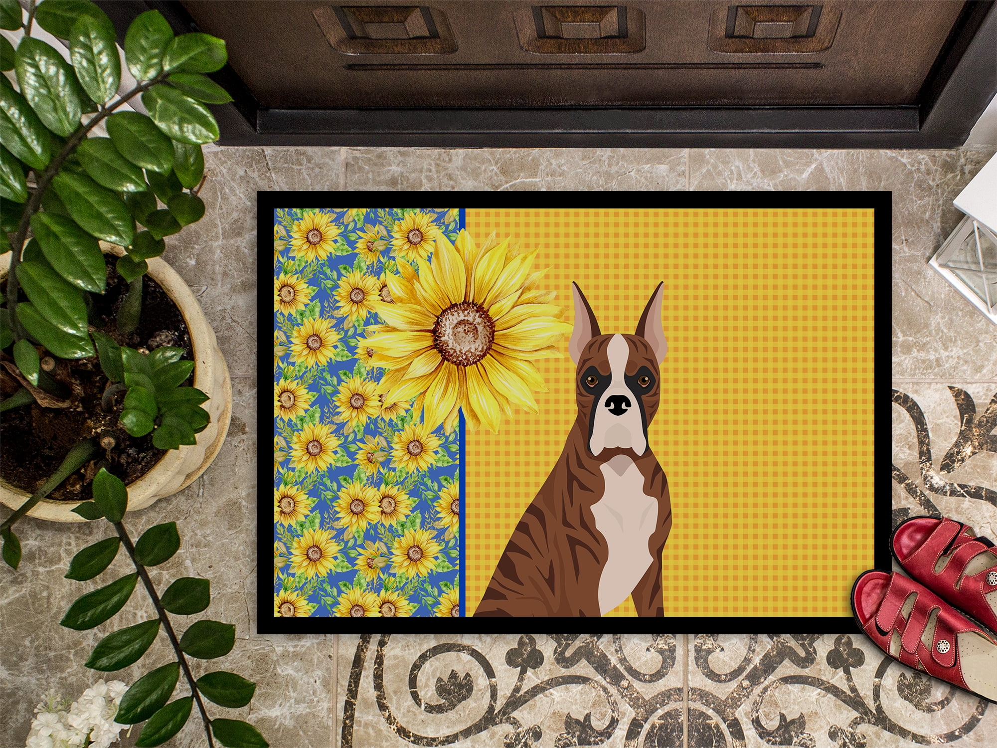 Summer Sunflowers Red Brindle Boxer Indoor or Outdoor Mat 18x27 27 in x 18 in