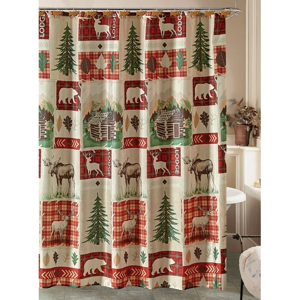 Rustic Lodge Cabin Shower Curtain And 12 Resin Hooks Set Elk Deer Bear Com Rustic Lodge Cabin Shower Curtain And, Cabin Shower Curtain Hooks