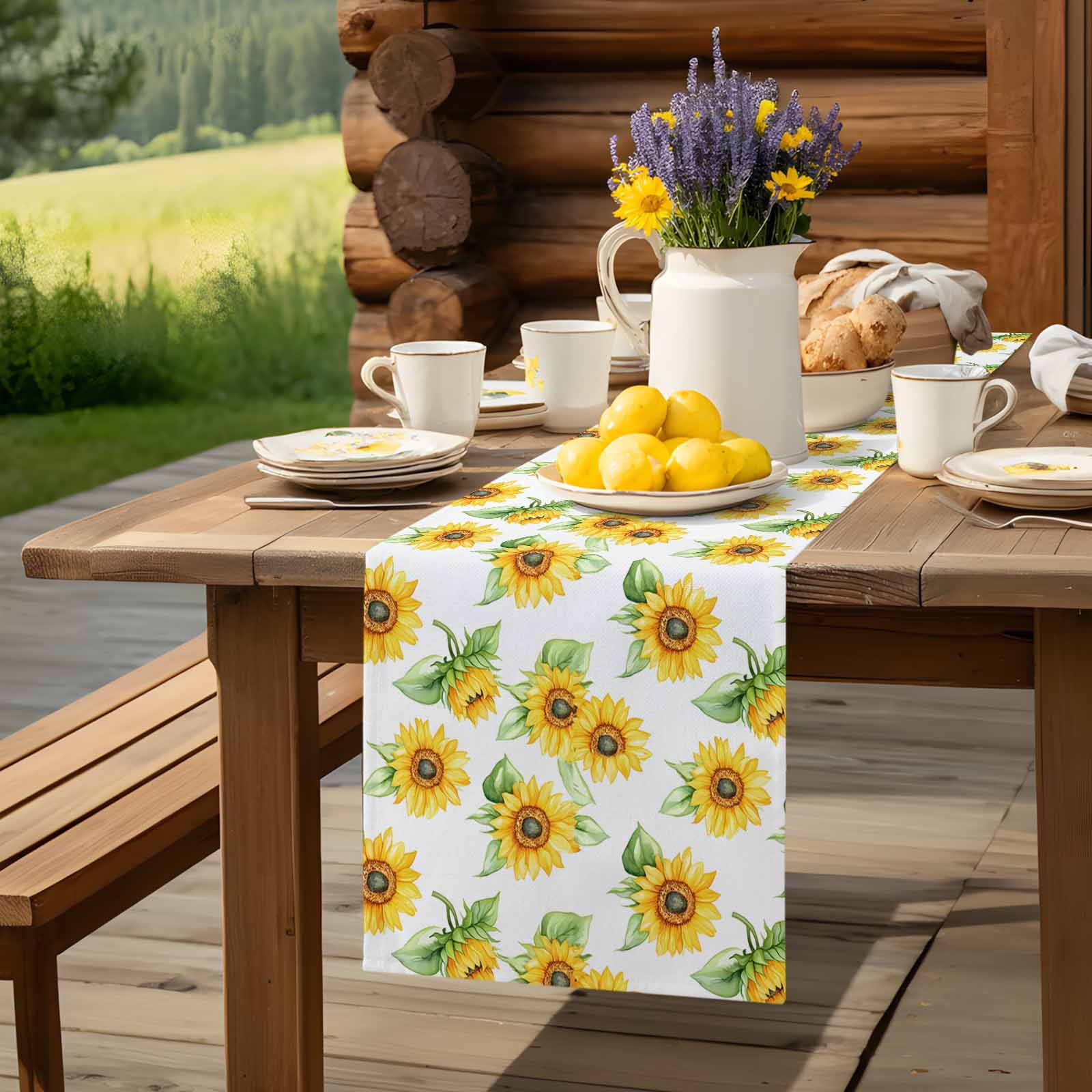 Yellow Sunflower Farm Green Plant Table Runner 90 Inches Long, Summer Blossom Floral Table Runners Tabletop Scarf Kitchen Dining Tables Decoration for Home Party Indoor Outdoor
