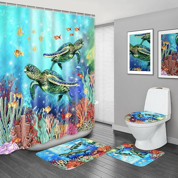 4 Pcs Sea Turtle Shower Curtain Set with Memory Foam Bath Mat, Non-Slip Bathroom Rugs and Toilet Lid Cover, Waterproof Ocean Beach Shower Curtain with Hooks, Blue Nautical Kids Bathroom Decor Sets