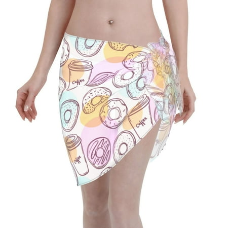 Qekee Donuts and Coffee Women s Short Sarongs Cover Ups Sheer Bikini Wraps for Swimwear