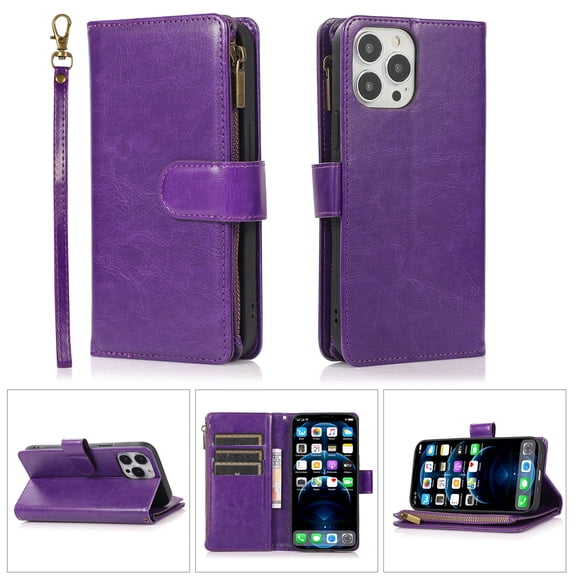 Allytechgroup iPhone 16 Pro Max Wallet Case, 9 Cards Holder Zipper Wallet Case for Women Men Shockproof Hand Strap Full Protective Flip Stand Case Cover for Apple iPhone 16 Pro Max, Purple