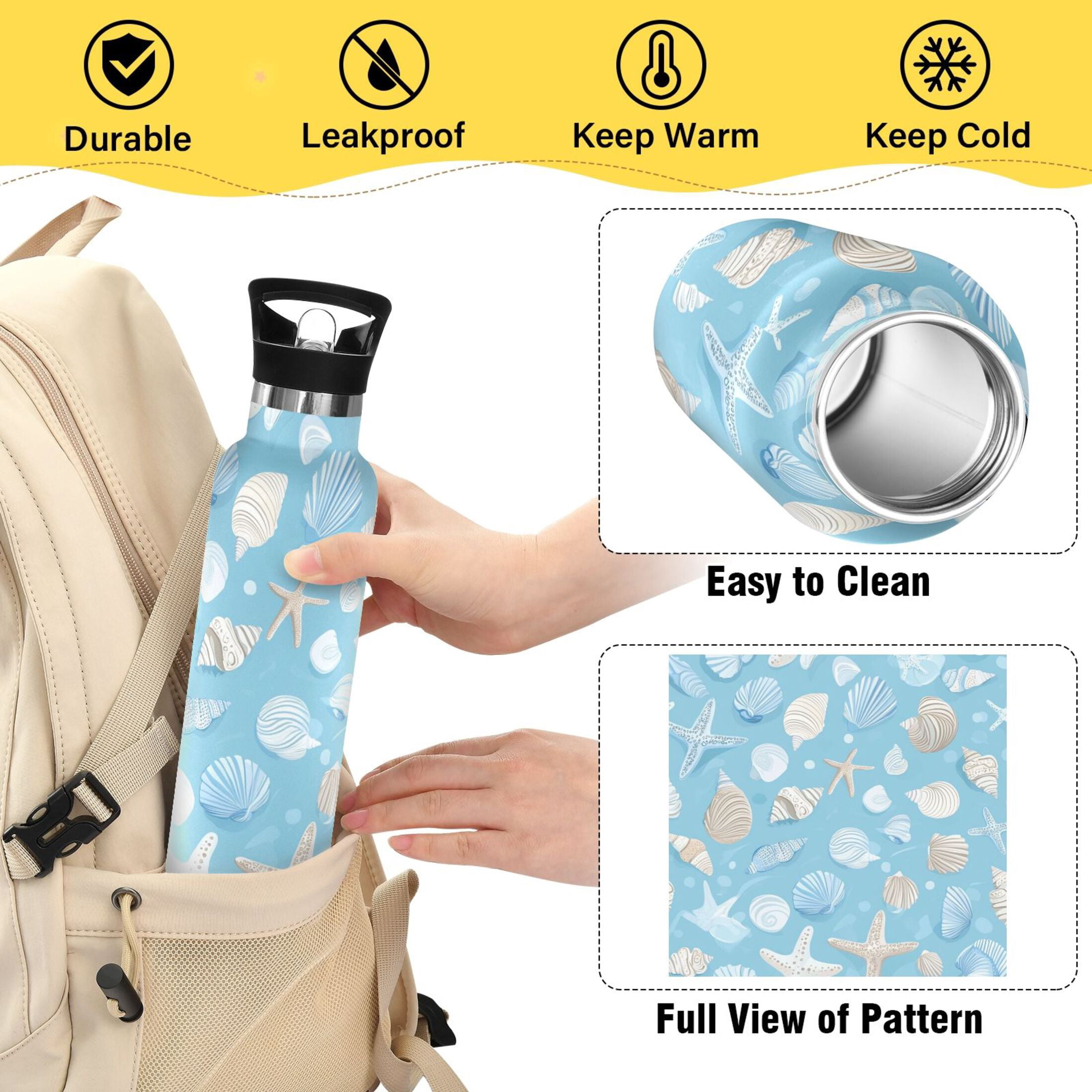 Kids Insulated Stainless Steel Sports Water Bottle 600ml (20oz), BPA-Free Light Blue Seashells and Starfish