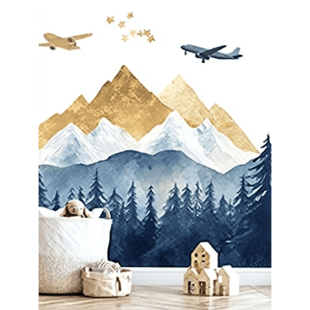 Gold Mountains and Airplane Canvas Wall Art， Perfect for Living Room， Bedroom， Nursery， Playroom， and Office Decoration.