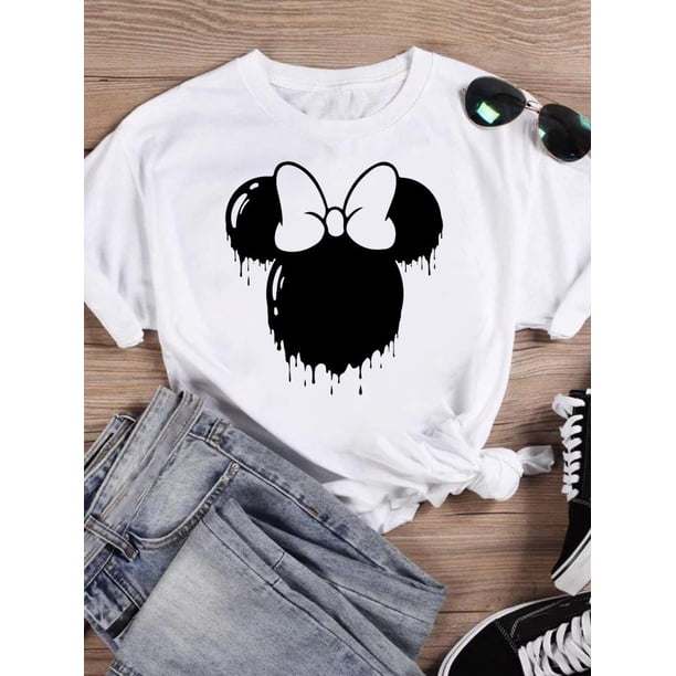 Disney Fashion Bow Love Valentine Women Cartoon Print Clothing Mickey Mouse Tee Shirt Casual Graphic Short Sleeve T-shirtsXL Gao Jinjia LED
