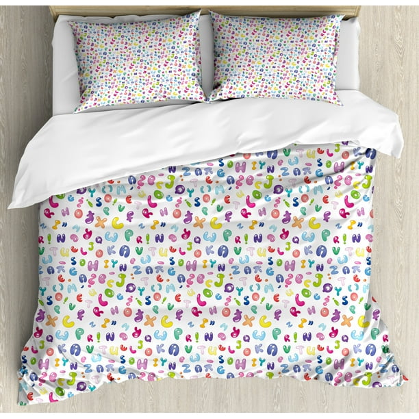 Kids Duvet Cover Set, Cute Colorful Alphabet Abc Bubble Letters Doodle