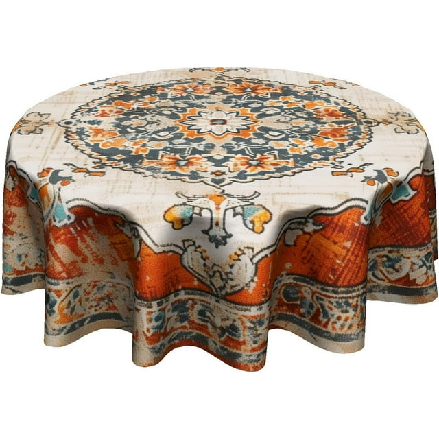 Boho Orange Round Tablecloth 60 Inch Antique Ethnic Decorative Wrinkle Heat Resistant Table Cloth for Home Kitchen Dining Table Outdoor