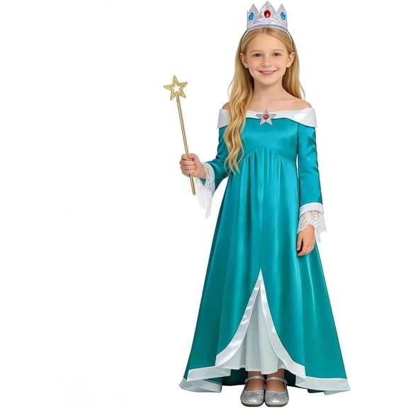 Princess Fancy Costume Accessories Set - Elegant Teal Satin Dress Up Outfit with Crown Headband, Star Wand & Ear Clips, Perfect for G'irls Stage Performance Halloween & Cosplay