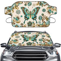 Xoenoiee Boho Mandala Butterfly Print Car Windshield Ice Snow Cover, Heavy Duty Windscreen Protector Cover with Elastic Strap, Winter Waterproof Frost Cover for Car Truck SUV RV