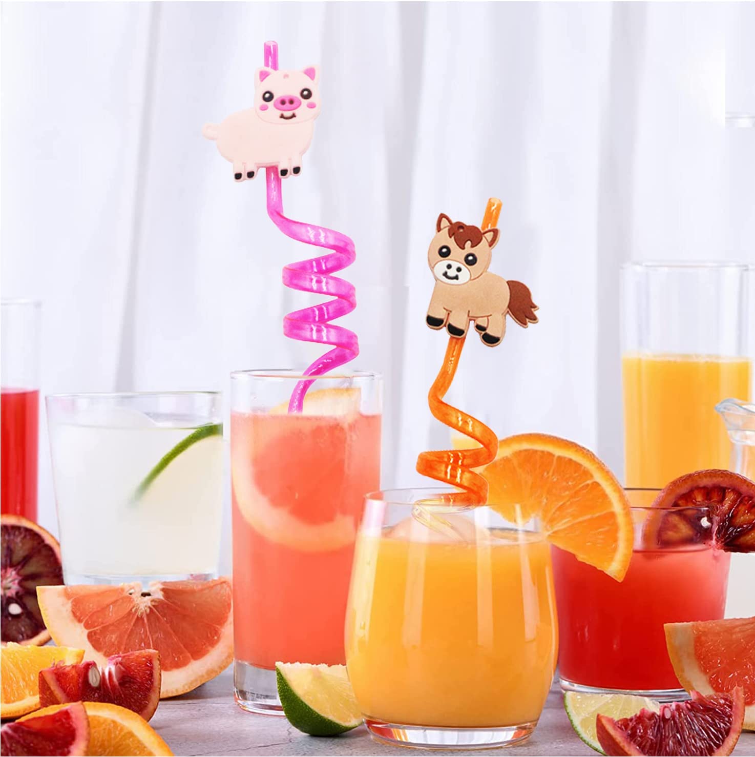 Lot of 5 Kids Reusable Plastic Drinking Straws Party Picnic Animals, Crazy  Twist