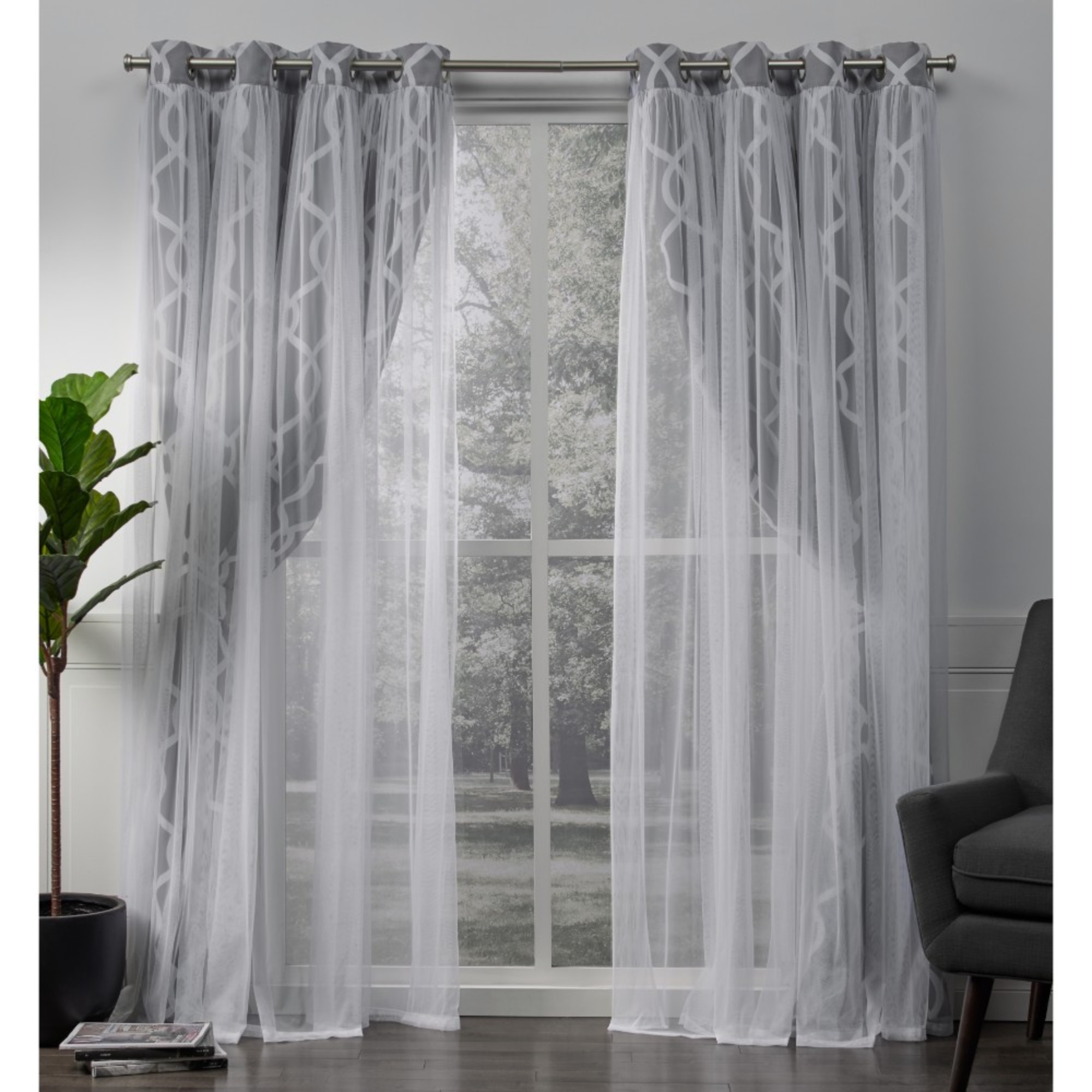 Exclusive Home Curtains 2 Pack Carmela Layered Geometric Blackout and Sheer Grommet Top Curtain Panels, Charcoal, 52x84
