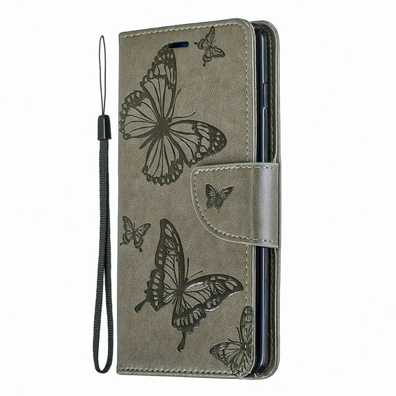 Allytech Galaxy S10 Case, Slim Fit PU Leather Folio Butterfly Embossed Shockproof Wrist Hand Strap Flip Cards Holder Wallet Case TPU Back Cover for Samsung Galaxy S10,Gray