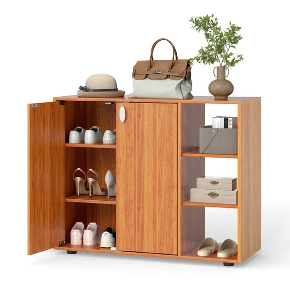 Costway 3-Tier Wooden Shoe Storage Organizer with Doors & 3-Level Adjustable Open Shelves