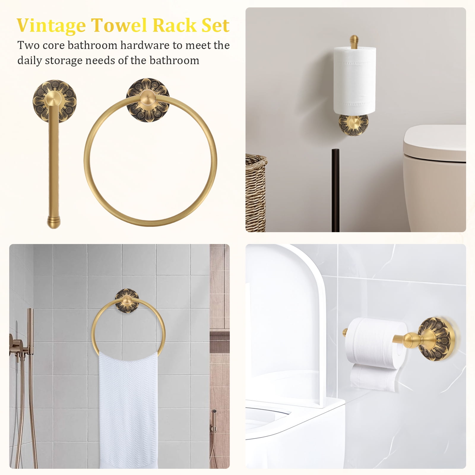 Ikoopy 2 Pieces Set Antique Brass Toilet Paper Holder Retro Brass Hand Towel Ring Tissue Roll Paper Hanger Bathroom Hardware Wall Mounted Vintage Bathroom Accessories